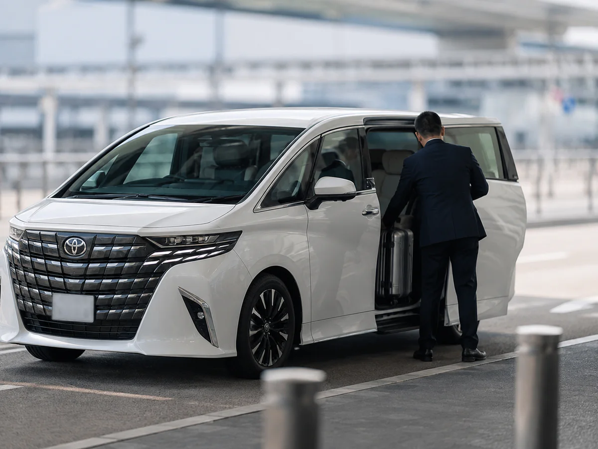 司機在機場接車區把行李放入白色 Toyota Alphard,機場接送情境圖