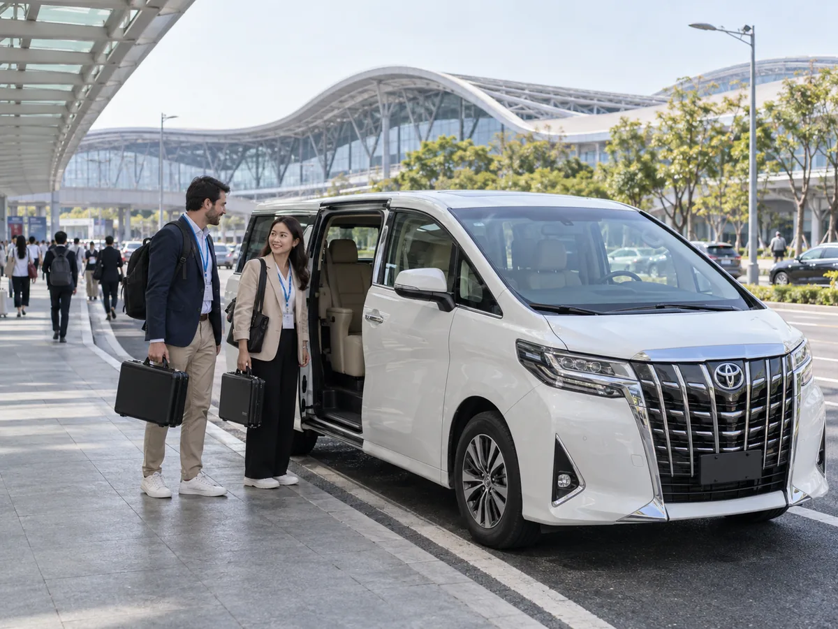 Two business travellers with briefcases beside a white Toyota Alphard outside an exhibition hall