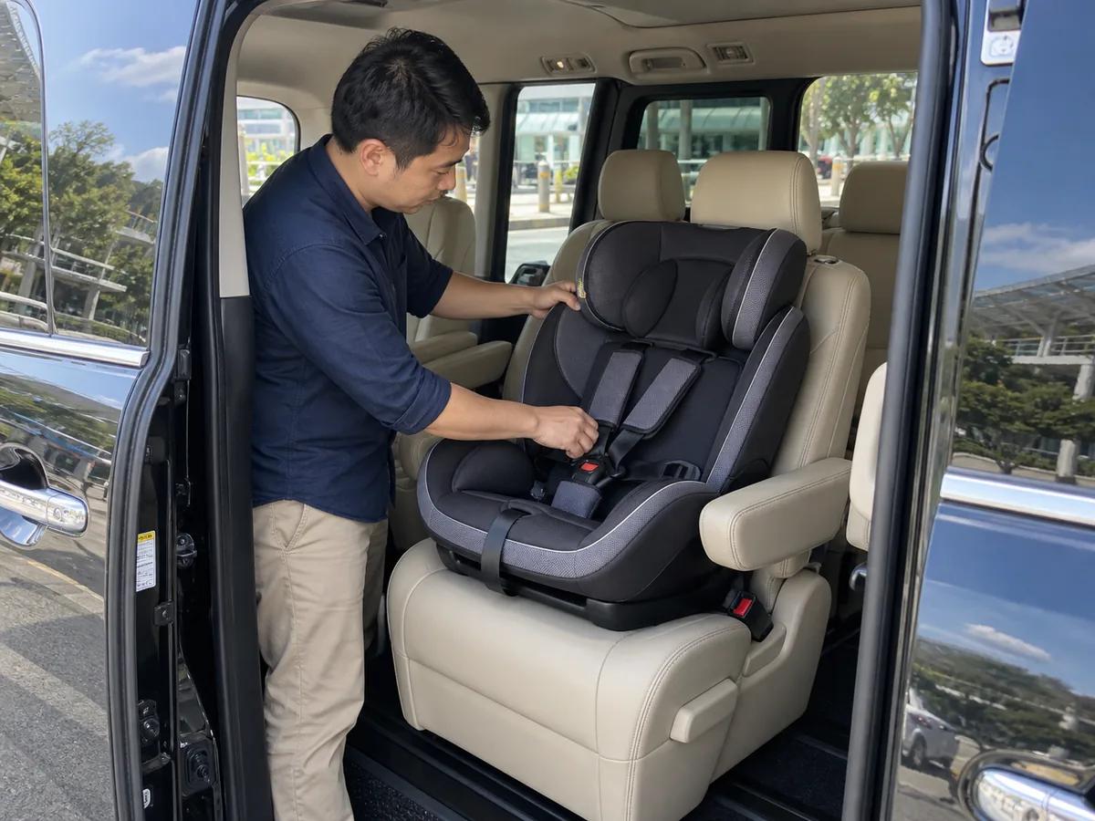 Adult checking a child seat on the second-row seat of a parked Toyota Alphard