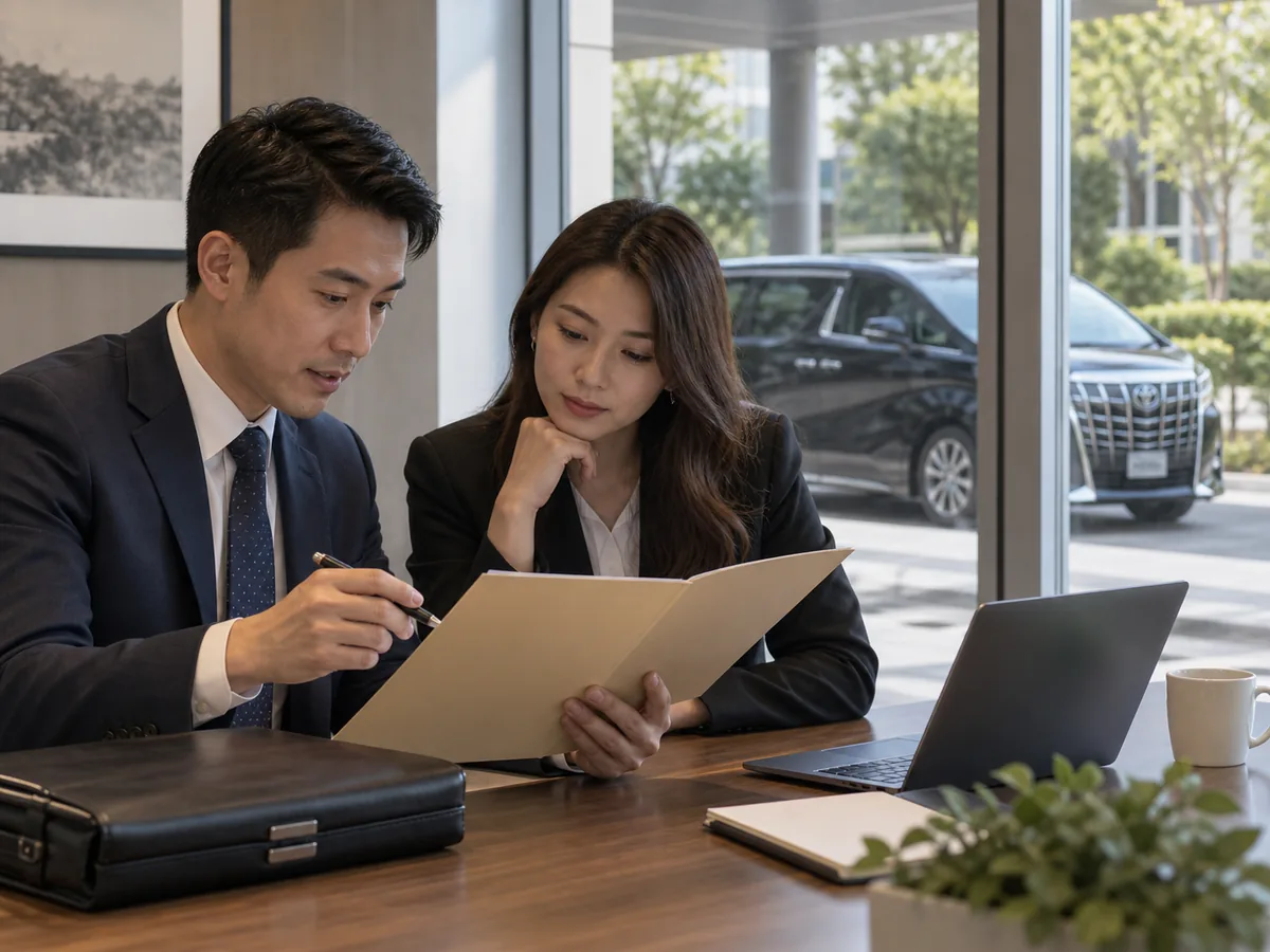 Two colleagues reviewing a paper folder at a table, with a dark MPV outside the window