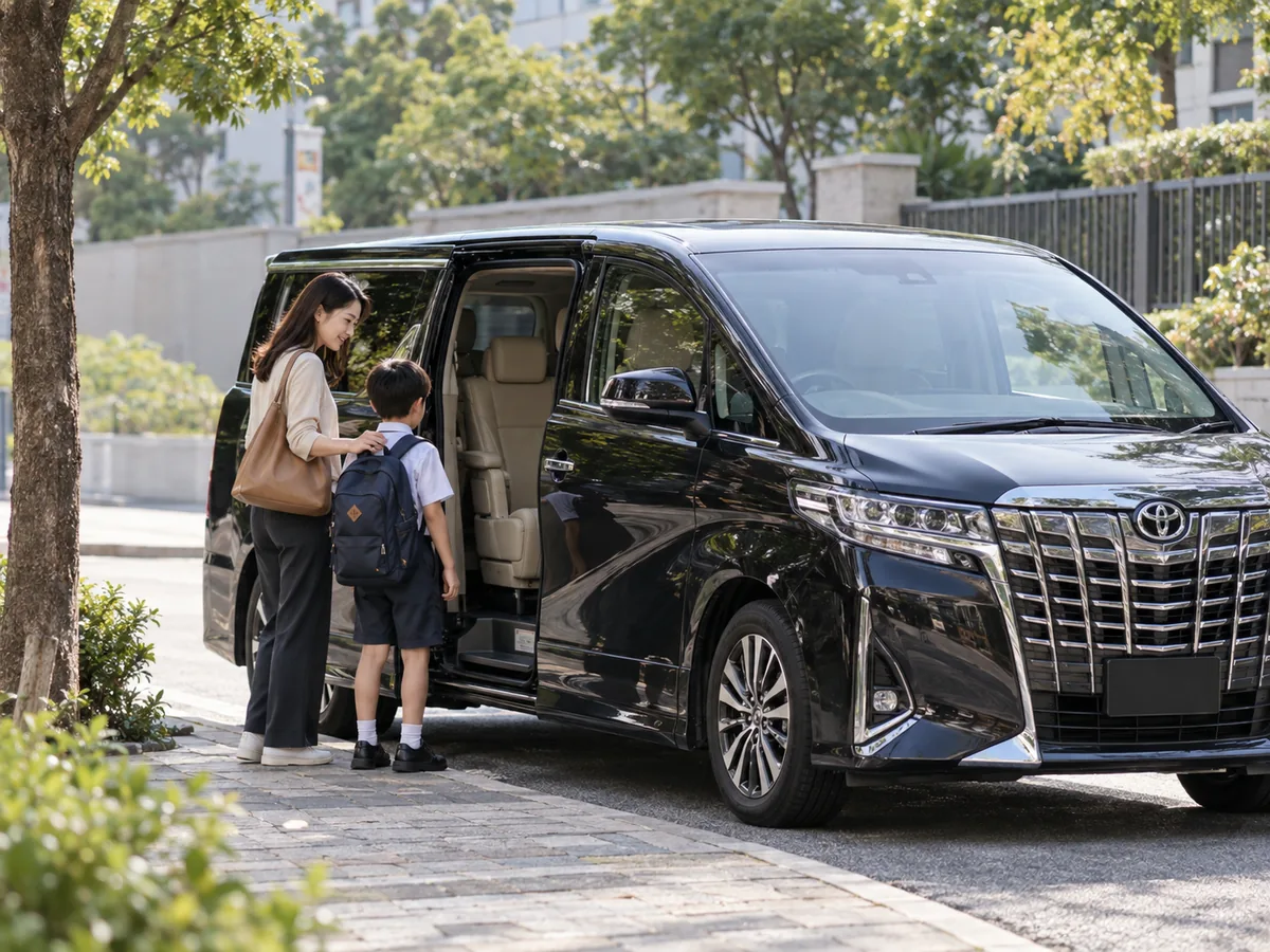 Parent accompanying a child to a school pickup car