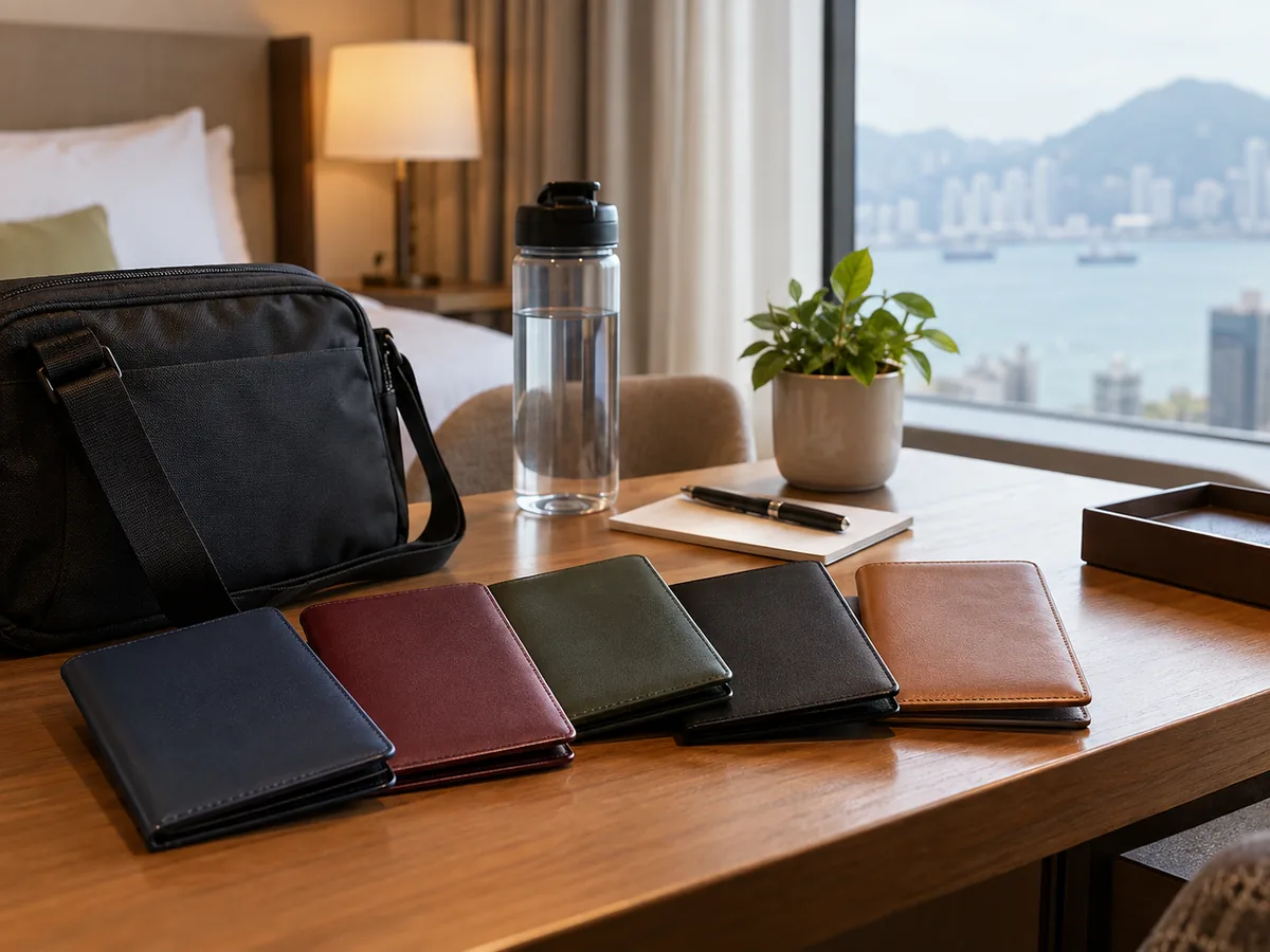 Closed travel-document wallets prepared before departure