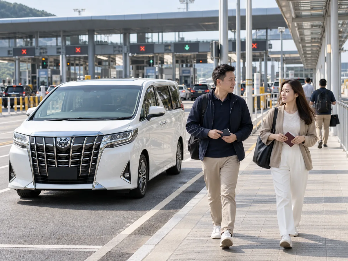 Two travellers walking beside a parked white Toyota Alphard near a border checkpoint