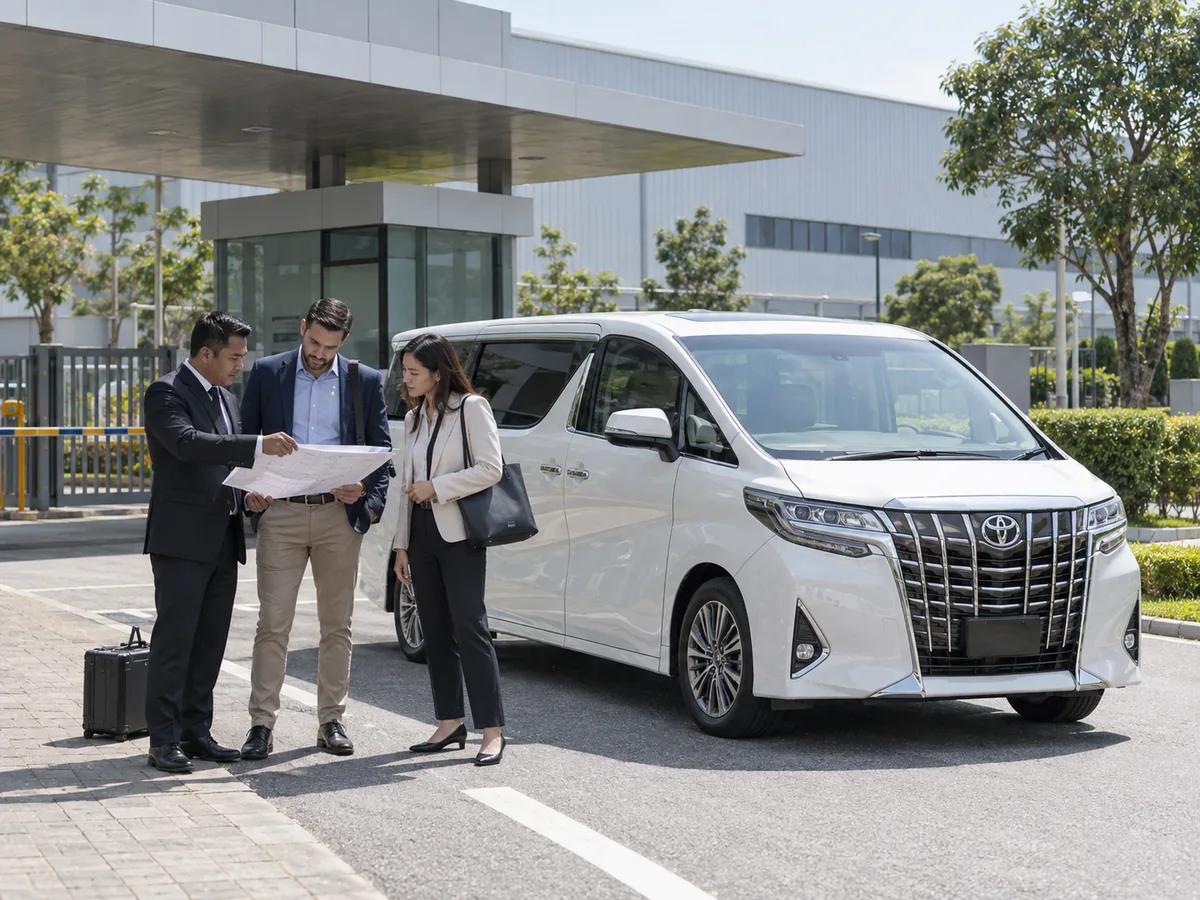 Three business travellers reviewing papers beside a white Toyota Alphard outside an office building