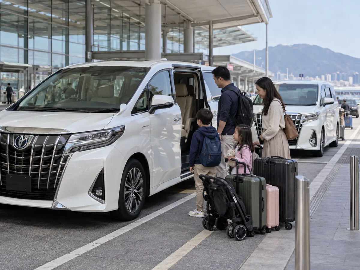 Family and luggage preparing for an Alphard transfer