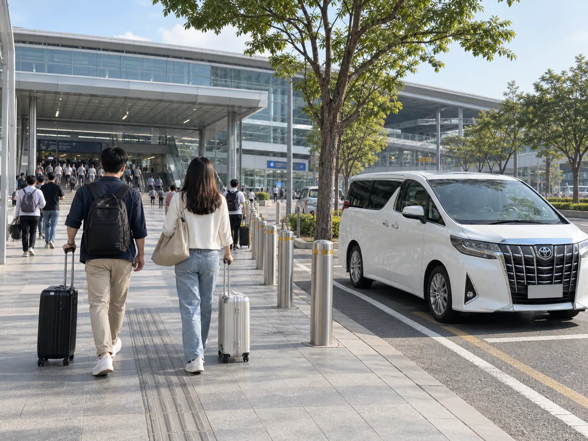 两名旅客拉着行李箱走向玻璃幕墙口岸大楼,路边停着白色丰田埃尔法