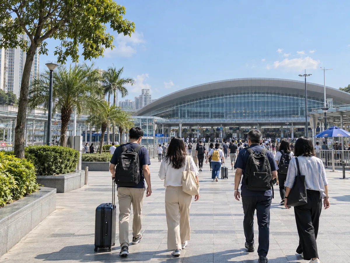 旅客携带行李箱走向棕榈树旁的弧形玻璃口岸大楼