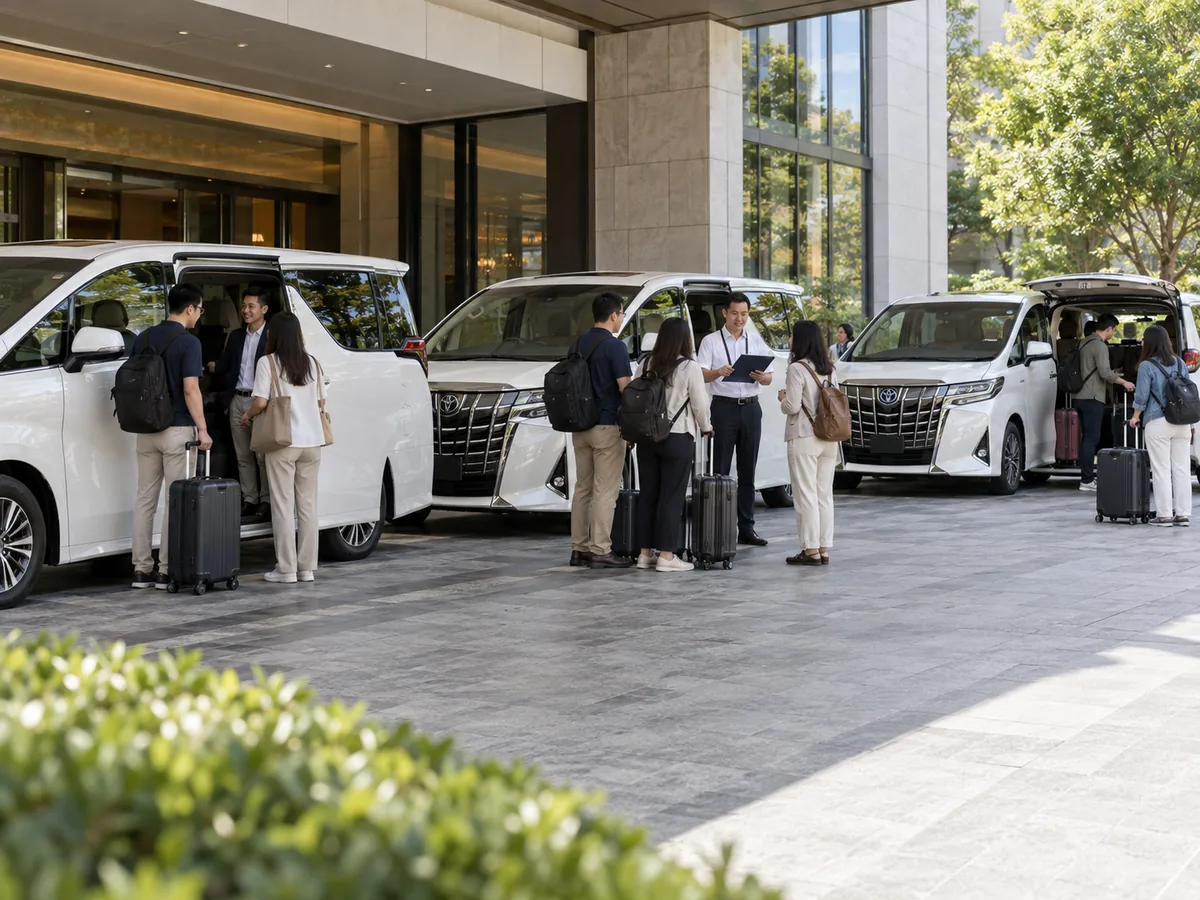 Several small groups with suitcases boarding three white MPVs outside a hotel