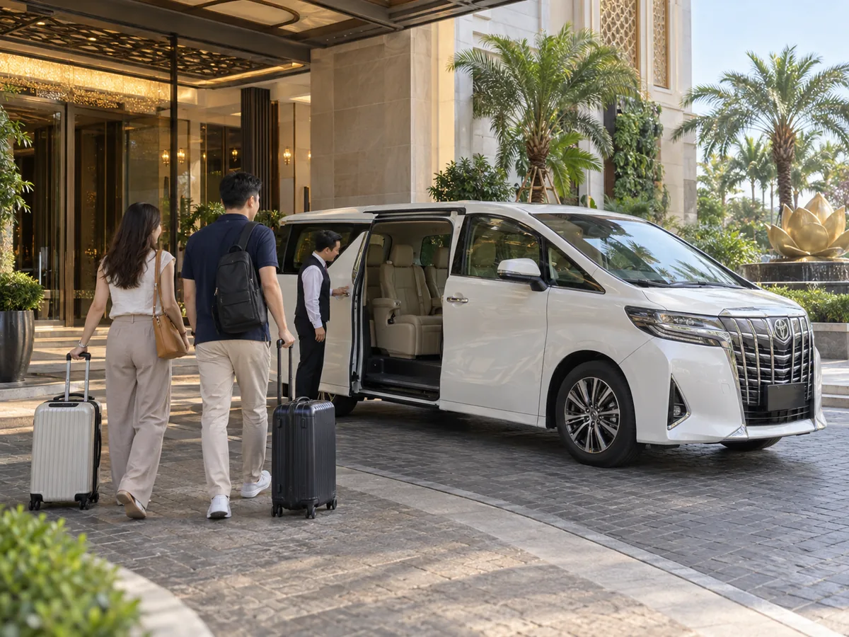 Travellers and an Alphard at a city hotel pickup