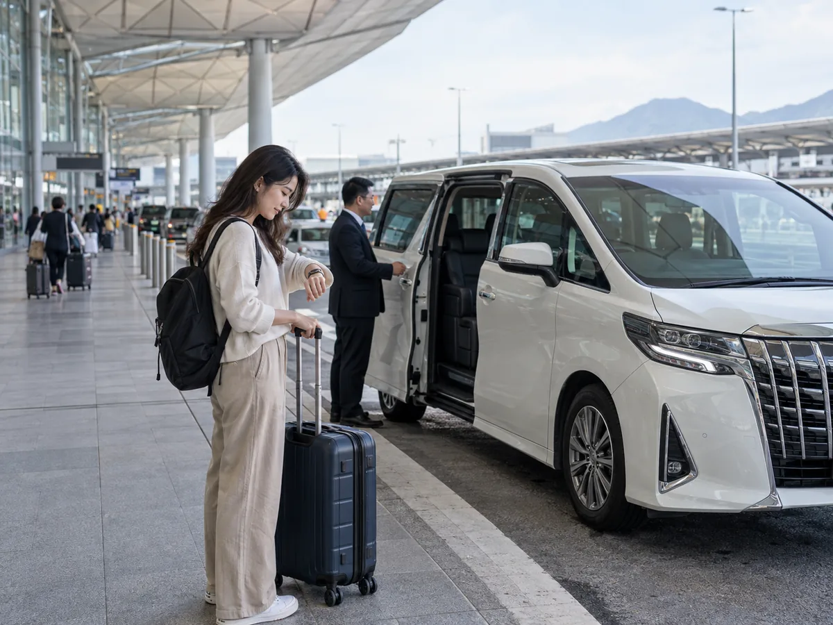 Traveller checking her phone beside a suitcase and white Toyota Alphard at an airport curb