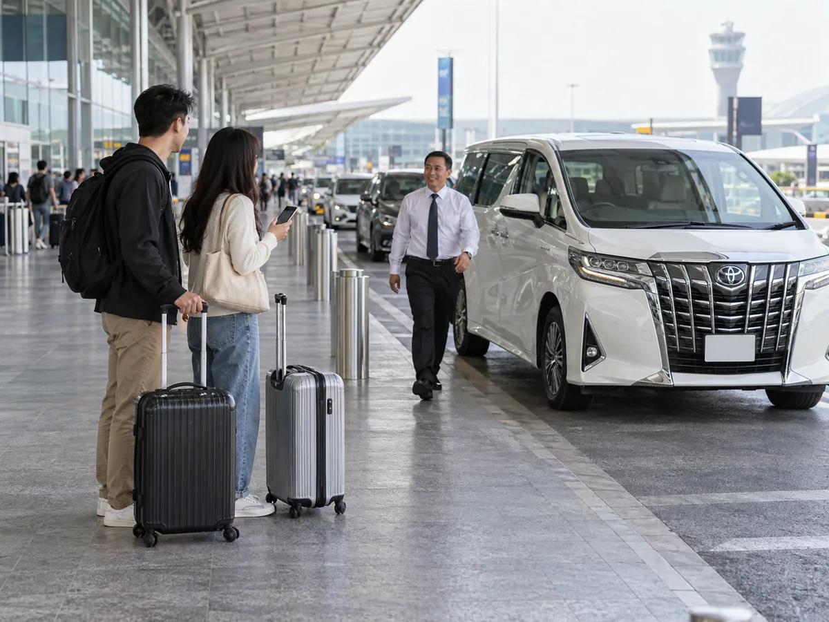 Travellers meeting a Toyota Alphard for an airport transfer