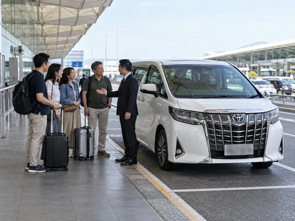 Travellers meeting a Toyota Alphard for an airport transfer