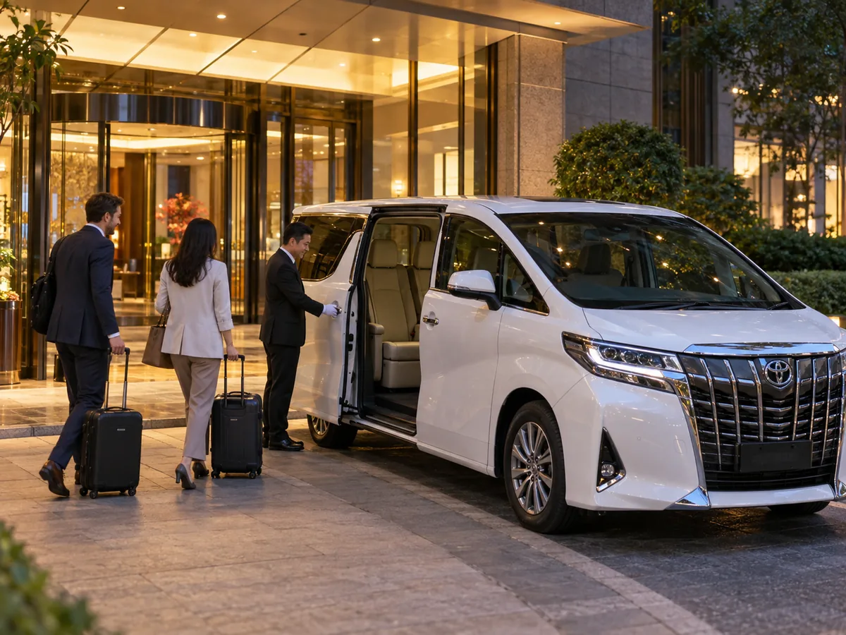 Two travellers with suitcases approaching a white Toyota Alphard outside a hotel at dusk