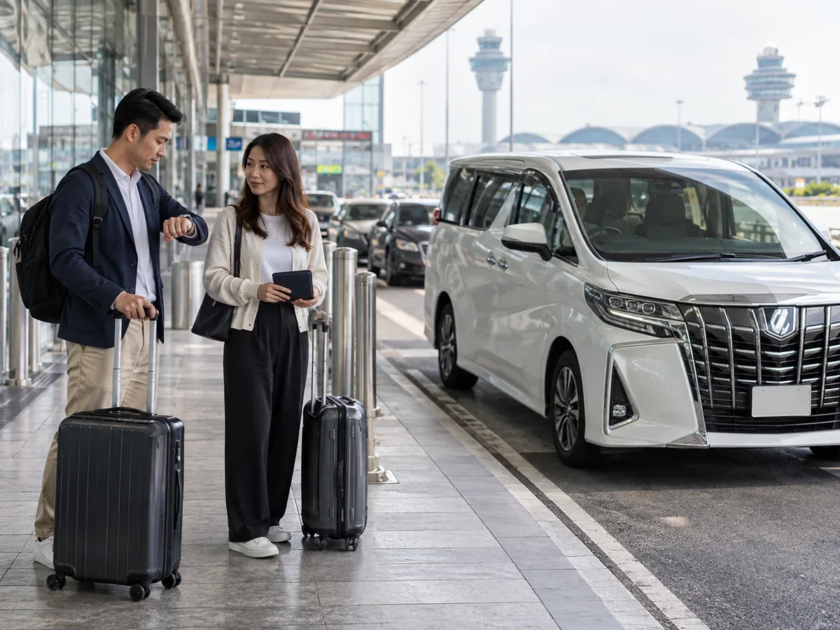 兩名帶着行李箱的旅客站在機場接車區的白色商務車旁