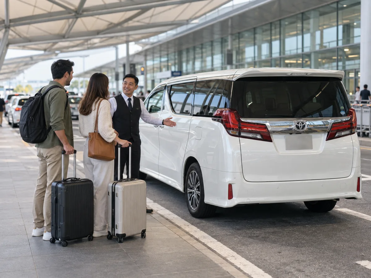 Travellers meeting a Toyota Alphard for an airport transfer