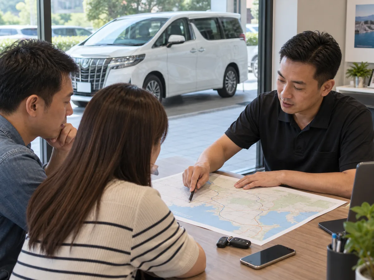 Driver discussing a road map with two travellers, with a white Toyota Alphard outside