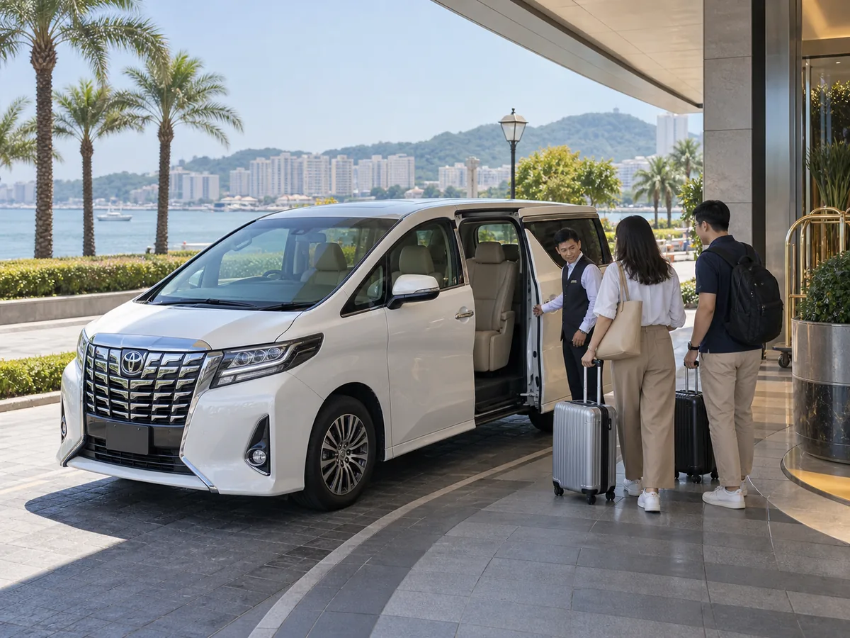 Travellers and an Alphard at a city hotel pickup