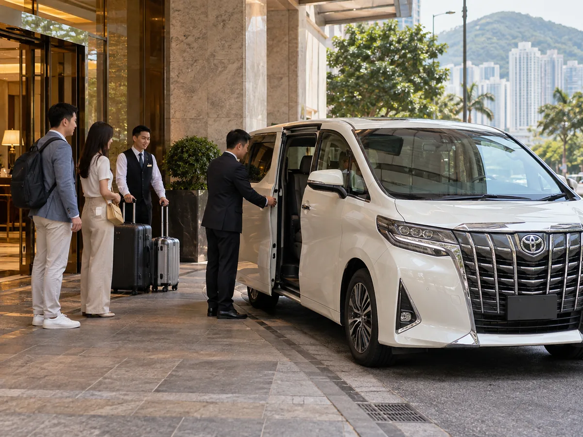 Driver helping a traveller board a white Toyota Alphard outside a hotel entrance
