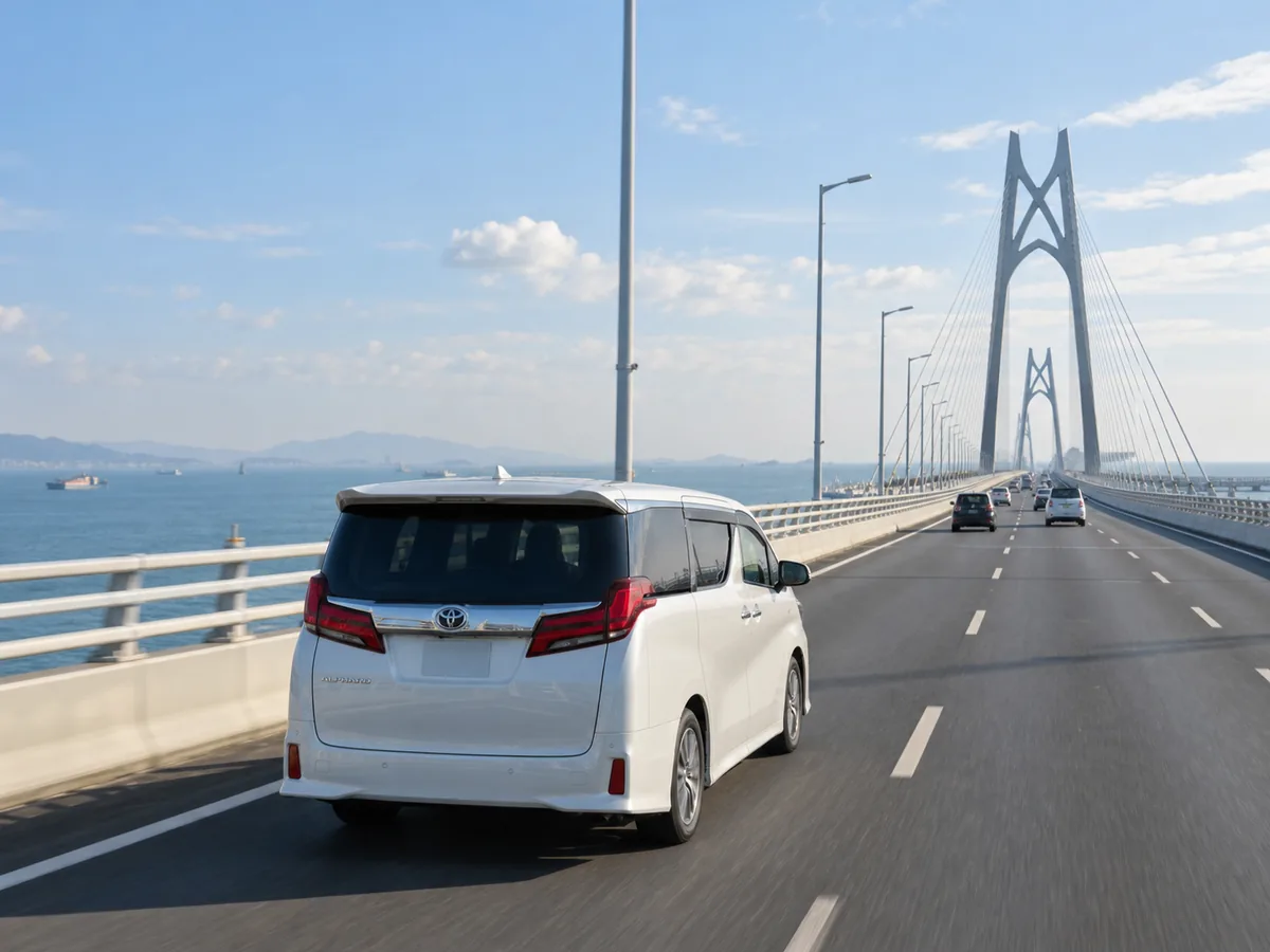 Alphard travelling on a coastal bridge