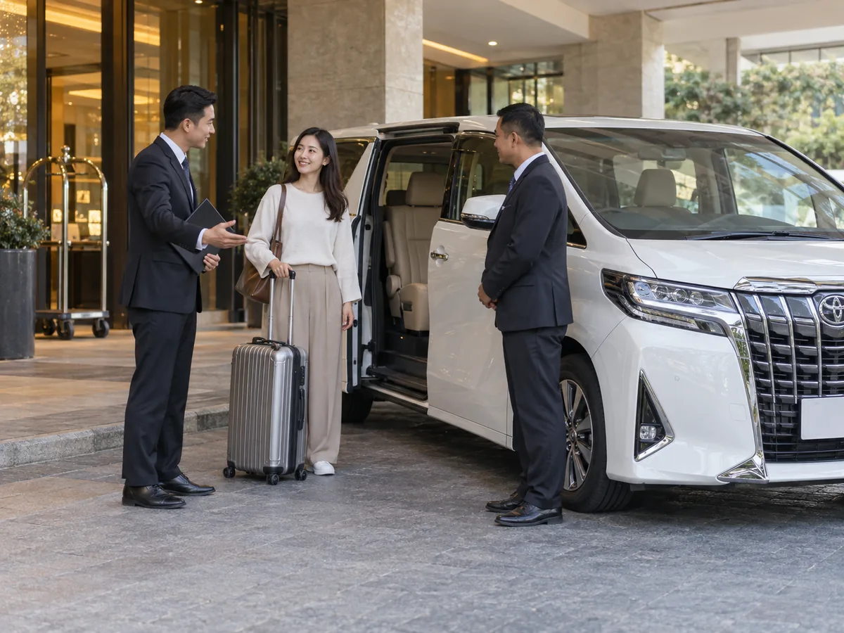 Hotel concierge introducing guest and transfer driver