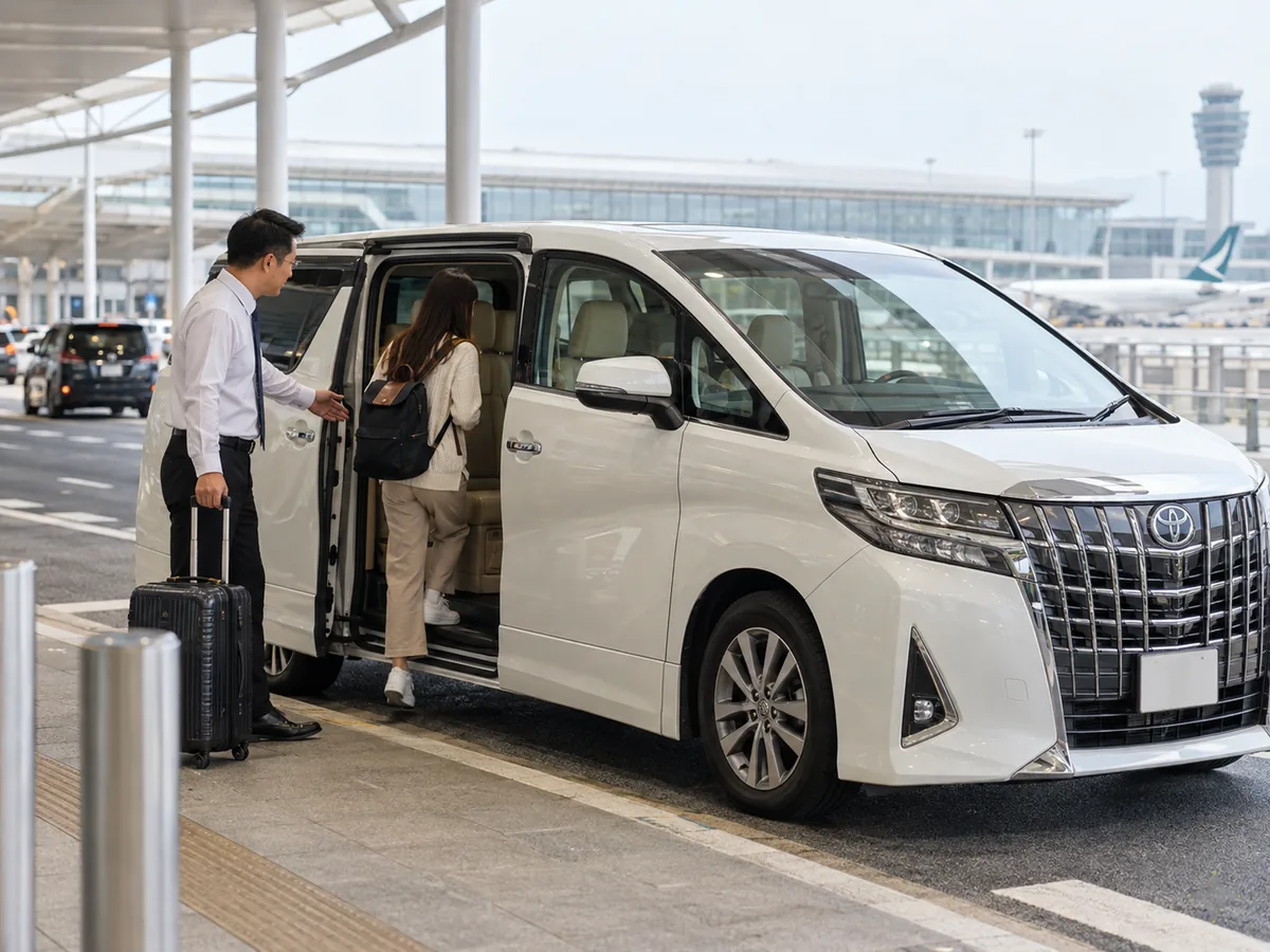 Travellers meeting a Toyota Alphard for an airport transfer