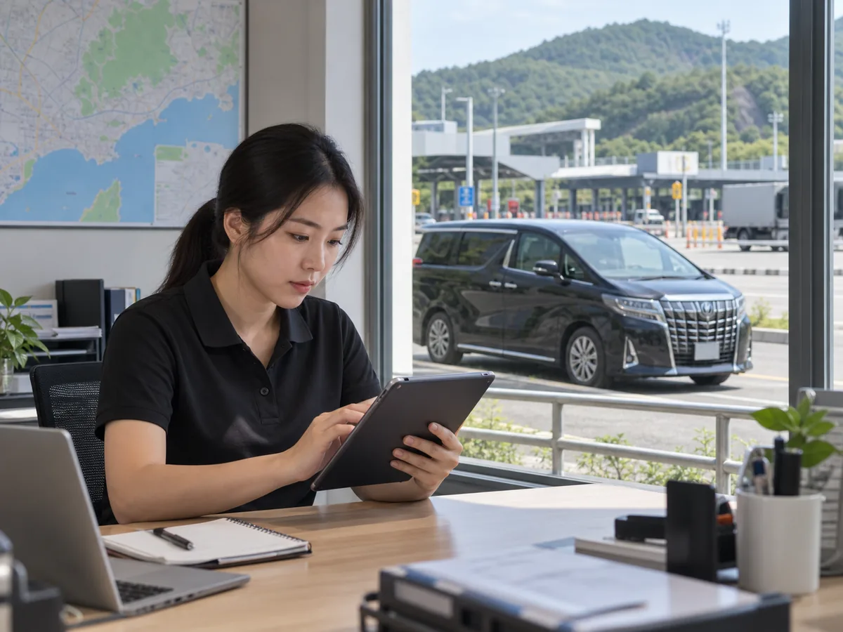 女子在室內查看平板電腦,窗外可見口岸建築及黑色商務車