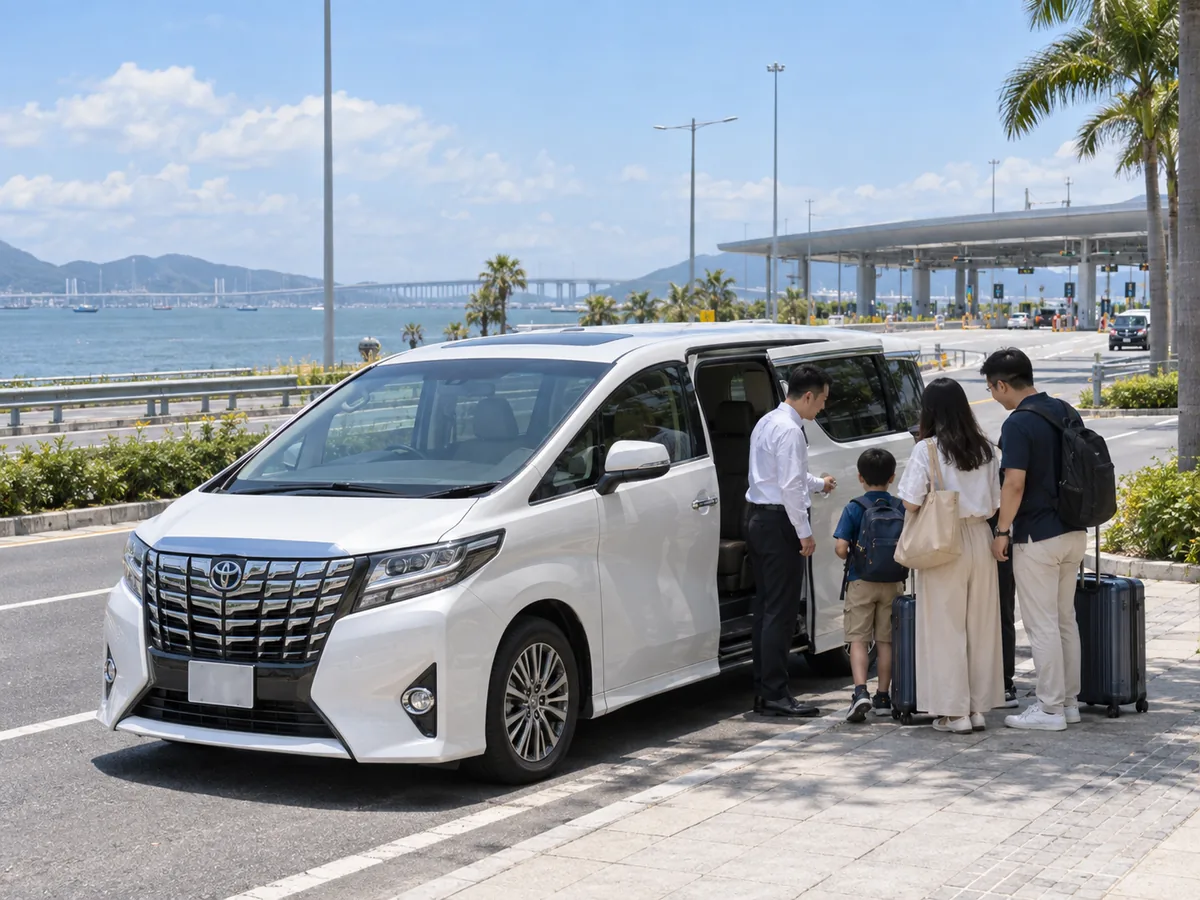 一家人携带行李在临海口岸道路旁登上白色丰田埃尔法