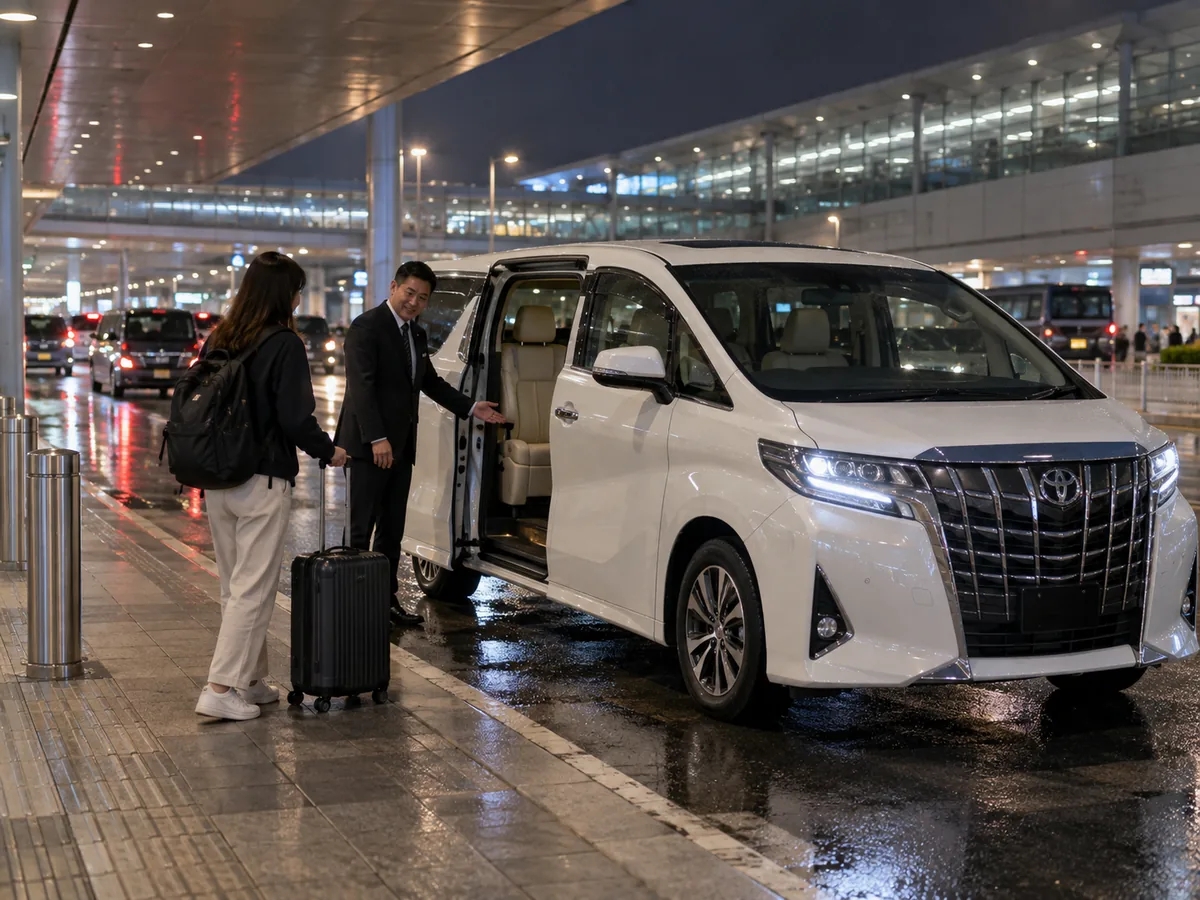 Travellers meeting a Toyota Alphard for an airport transfer
