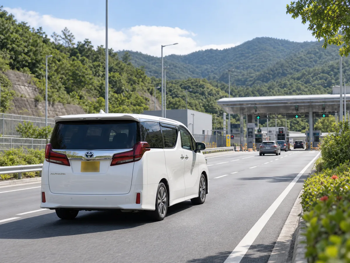 白色丰田埃尔法沿绿树环绕的道路驶向口岸车道顶棚