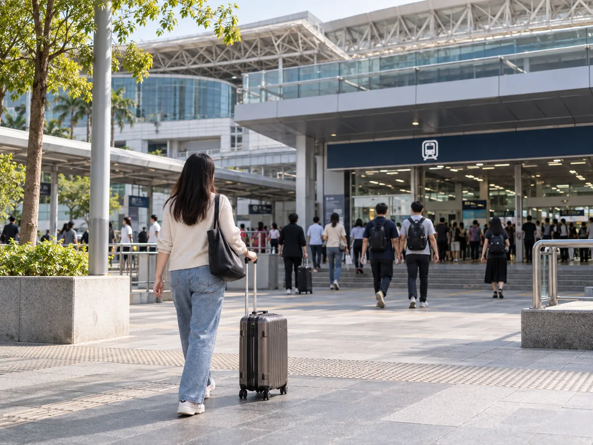 旅客拉着行李箱走向玻璃幕墙口岸大楼入口
