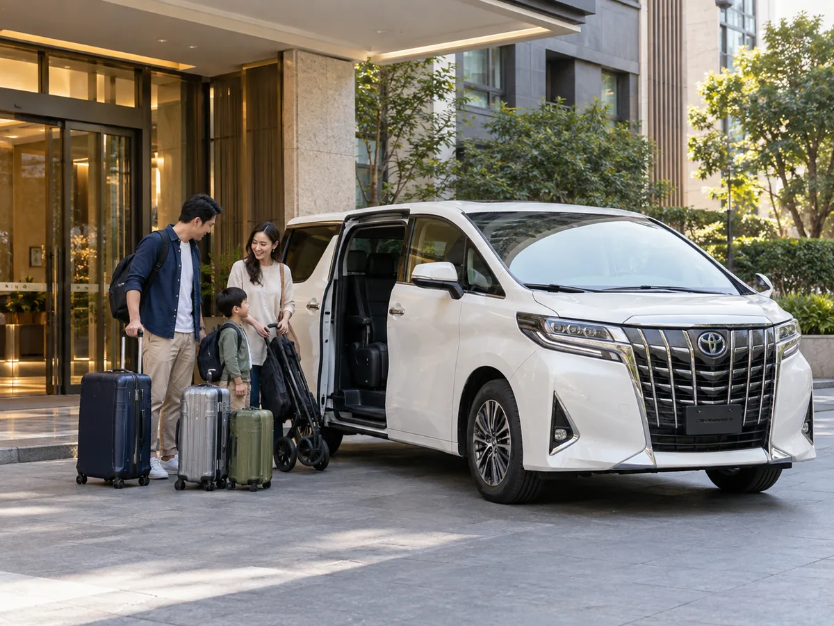 Family and luggage preparing for an Alphard transfer