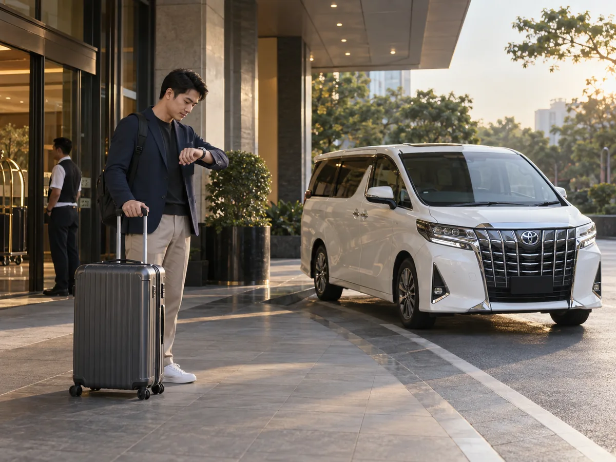 Traveller checking a phone beside a suitcase and white Toyota Alphard outside a hotel