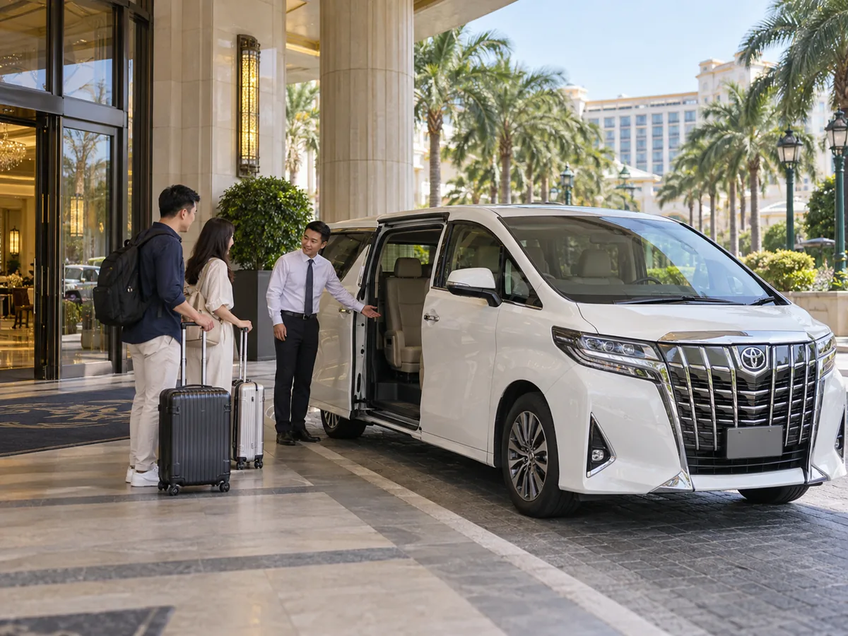 Travellers and an Alphard at a city hotel pickup
