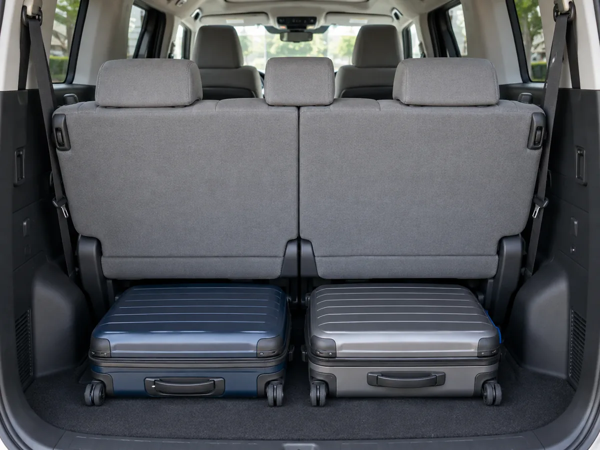 Two small suitcases behind the upright third-row seats in a seven-seat Toyota Alphard