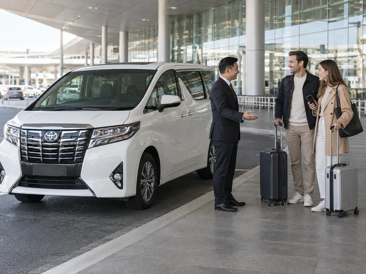 Travellers meeting a Toyota Alphard driver at an airport vehicle bay