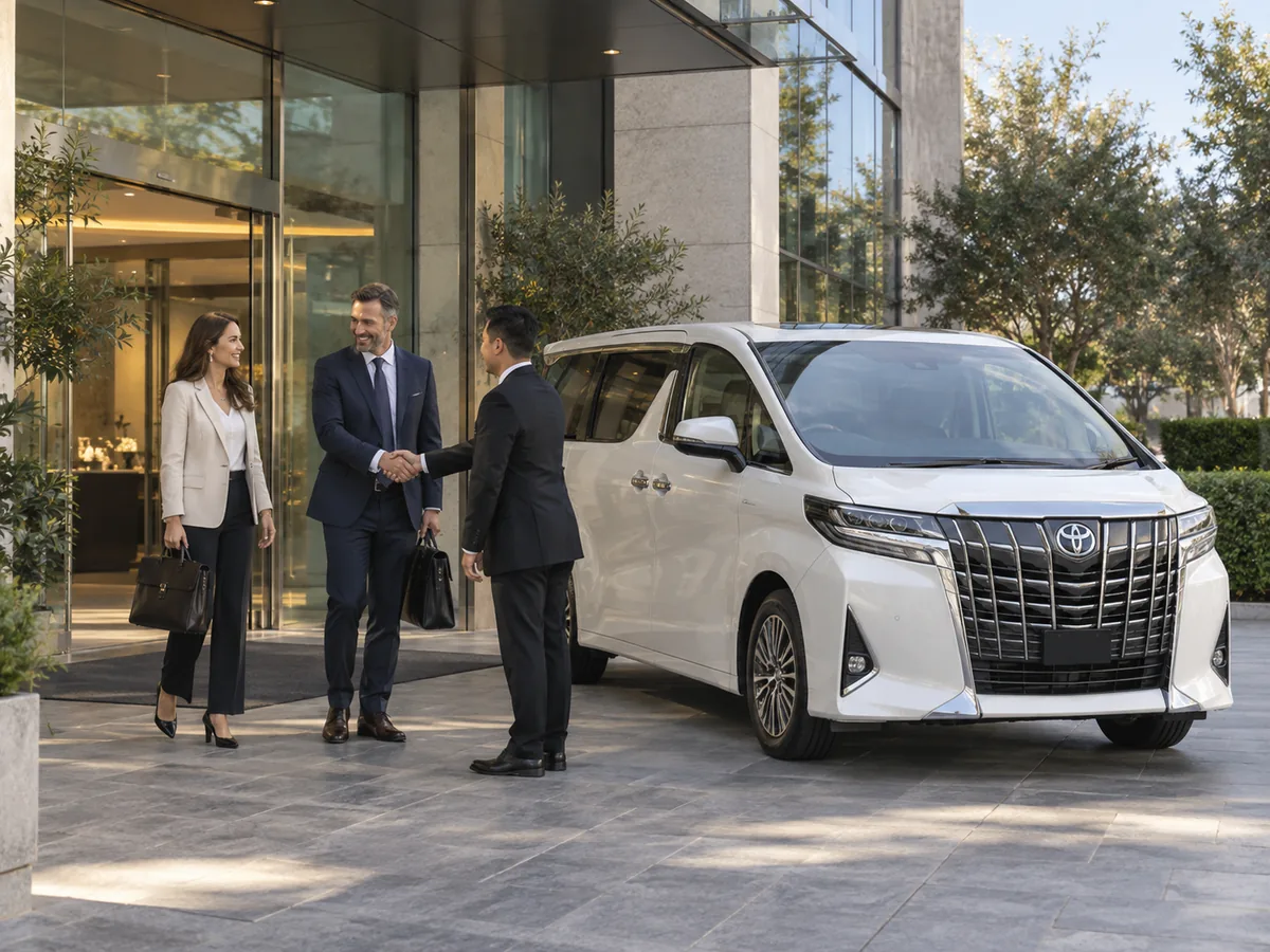 Business travellers meeting their Alphard driver outside a hotel or office