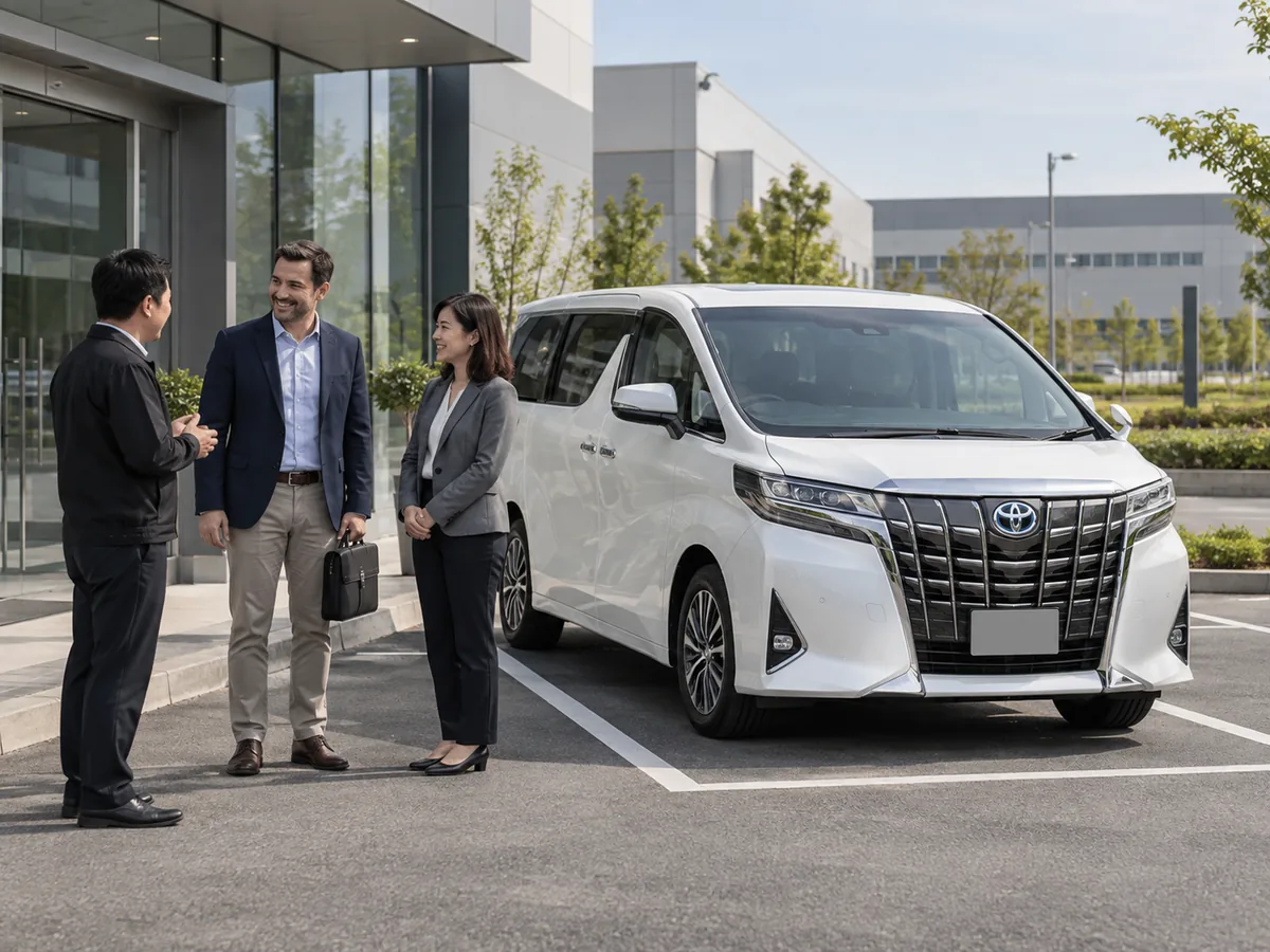 Business visitors with a compact sample case meeting an Alphard outside an industrial visitor reception