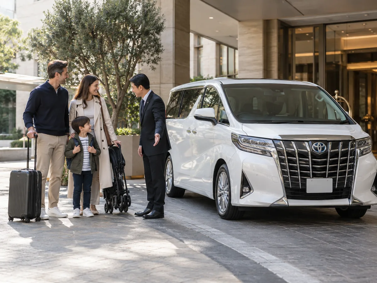 Parents and their child with modest luggage and a folded stroller beside a parked Alphard