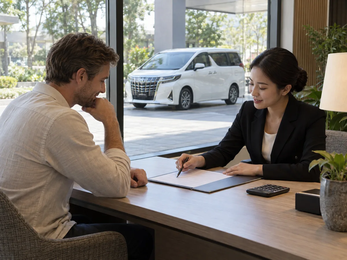 Traveller and coordinator confirming a written transfer quote at a desk