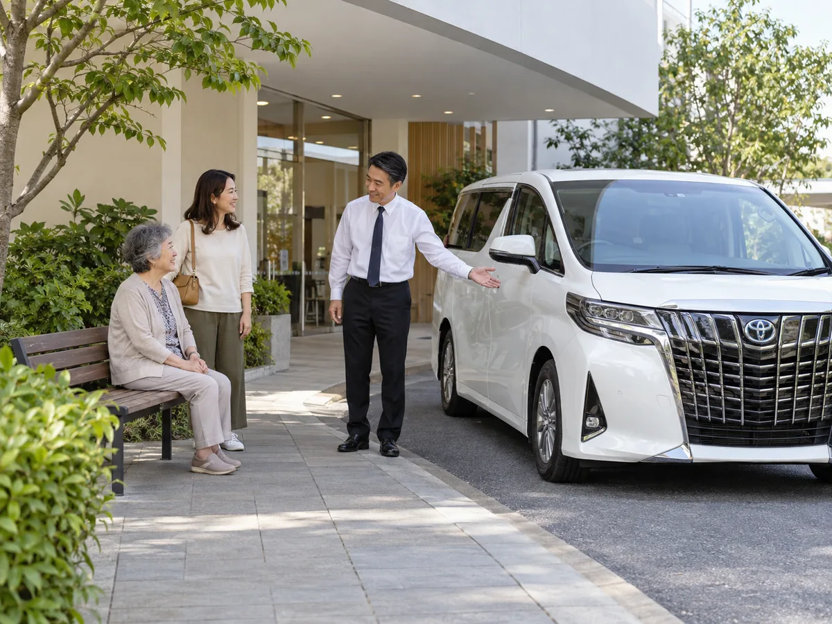 Older passenger and adult companion waiting for ordinary non-emergency transport outside a clinic