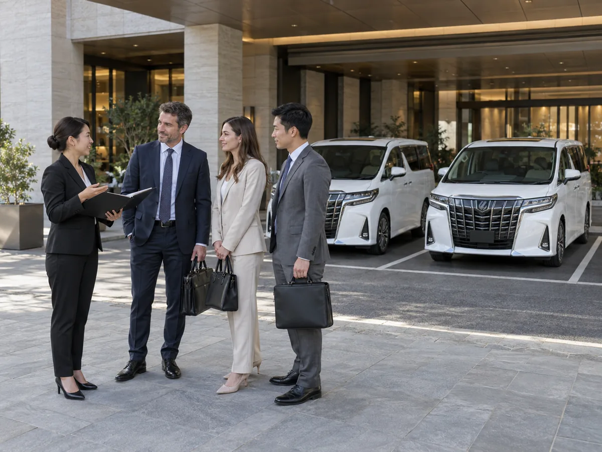 Coordinator and business travellers preparing a multi-vehicle meeting itinerary