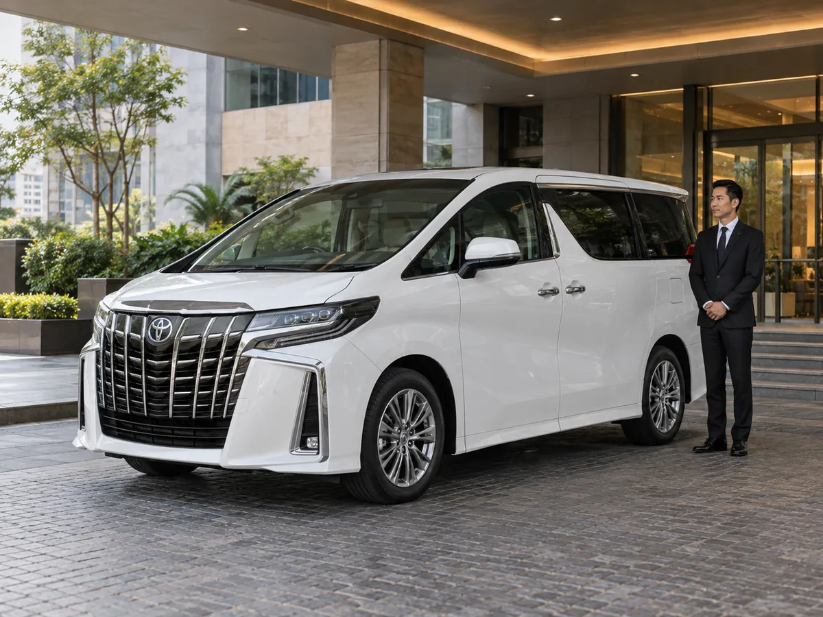 Factory-style Toyota Alphard and waiting chauffeur at a hotel forecourt